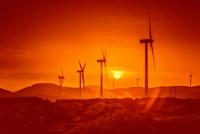 Wind turbines in front of a setting sun