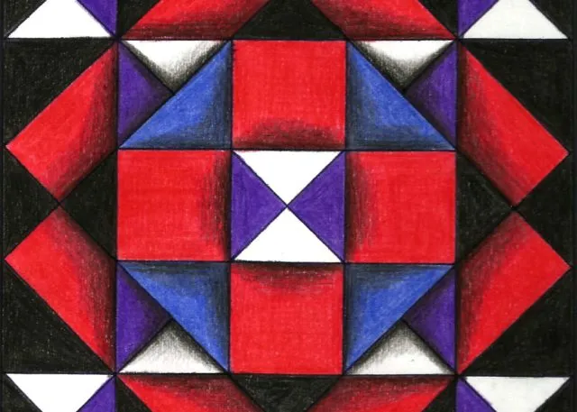 Contemporary art of red and blue sqaures