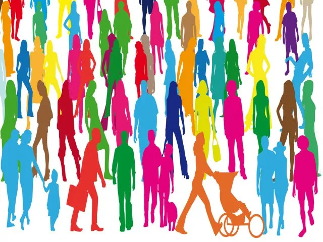 A crowd of multi-colour silhouettes