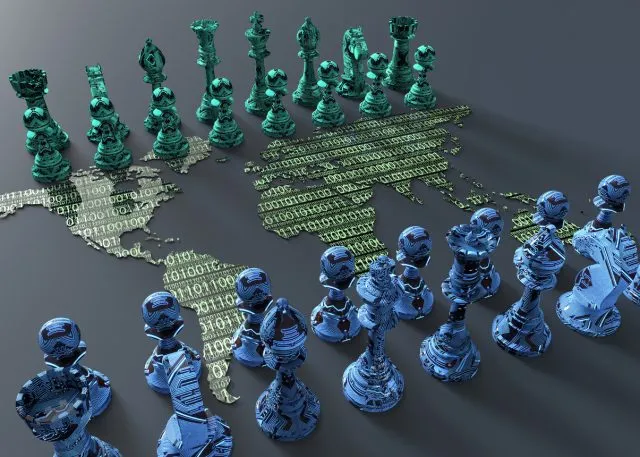 Digital world as a chessboard with binary code on the world and chess pieces
