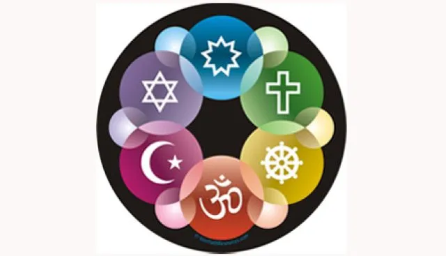 Interlinked symbols of faith in brightly coloured circles