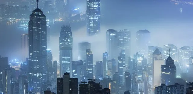 Misty night view of Hong Kong city