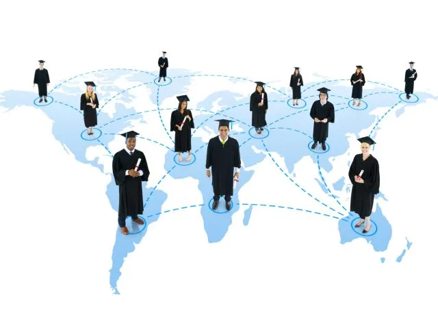 connecting graduates standing on different countries of the world