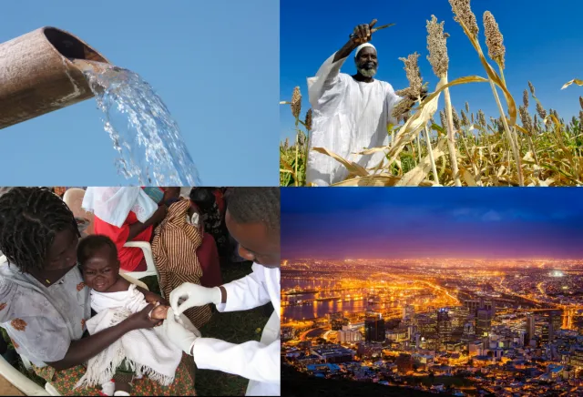 A gallery showing an African farmer, an African mother and her baby, water flowing and an African city at night.