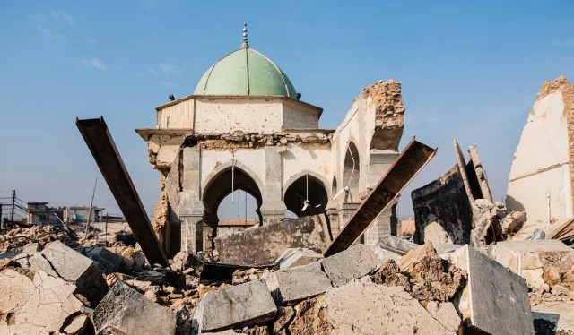 MOSUL, IRAQ, 21 NOVEMBER 2018 - The central dome of the Al Nouri Mosque remains standing, surrounded by rubble, after fighting to clear West Mosul of ISIS after their occupation of the city.