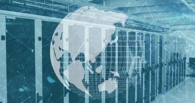 A transparent globe image is superimposed over banks of computer servers