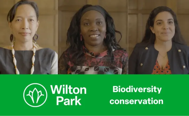 Three women experts on biodiversity and inclusion smile at the camera. Text reads: Biodiversity conservation